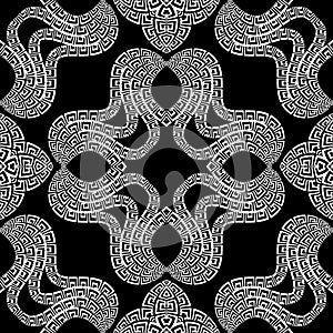 Greek black and white floral seamless pattern. Ornamental vector background. Geometric abstract repeat backdrop. Beautiful ethnic