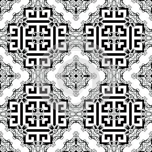 Greek black and white seamless pattern. Abstract floral Damask background. Vintage Baroque Victorian style patterns