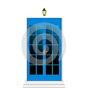 Greek blue door with lamp illustration