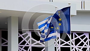 Greek blue white flag and europe EU flag Rhodes Greece