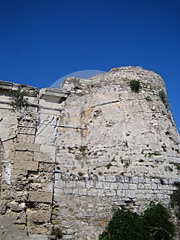 Greek castle, stone wall and tower