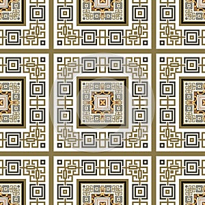 Greek checkered vector seamless pattern with square frames, borders, stripes. Repeat tribal ethnic background. Greek key, meanders