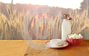 Greek cheese , bulgarian cheese and milk on wooden table over wheat field background. Symbols of jewish holiday - Shavuot