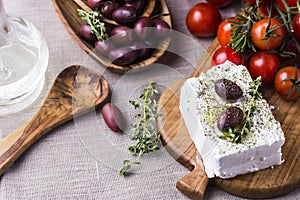 Greek cheese feta with thyme and olives