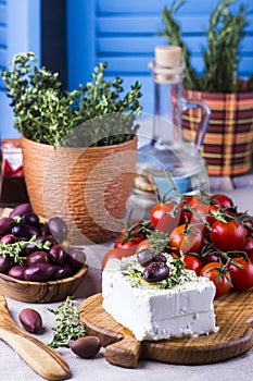 Greek cheese feta with thyme and olives