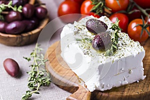 Greek cheese feta with thyme and olives