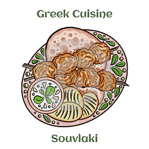 Greek chicken souvlaki with tzatziki sauce and fresh vegetables, grilled kebabs. Isolated vector illustration