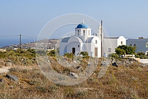 Greek church with blue dome in Megalochori