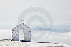 Greek church, Foggy morning scene, Tinos, Greece.