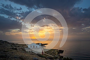 Greek church by the sea, sunrise or sunset. Landscape shot from the island of Zakyntos