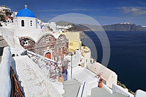 Greek church of St. Nicholas with blue dome, Oia, Santorini Thira, Cyclades Islands, Greek Islands, Greece, Europe