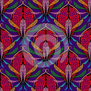 Greek colorful abstract Paisley seamless pattern. Ornamental floral vector background. Beautiful hand drawn repeat