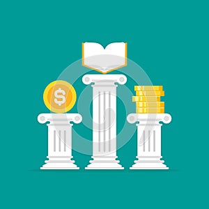 Greek column with golden book and money. Antique pillar. Education value, study expenses concept