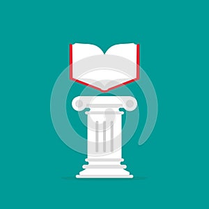 Greek column with open book. Antique pillar. Library, university or bookstore concept