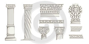 Greek columns. Ancient Roman architecture decorative elements. Antiqua Corinthian pillars or wall ornaments. Carved marble