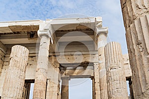 Greek columns in the Parthenon against the sky