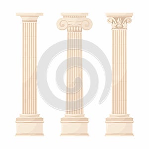 Greek columns. A set of illustrations of three types of Greek columns. Ancient architecture. The building of ancient Greece.