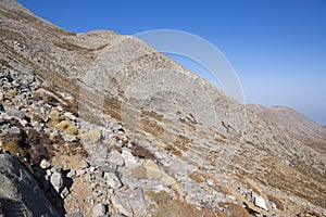 Greek Crete mountain range with highest mountain Ida Psiloritis, very dry hard terrain with sharp rocks and stones, natura park