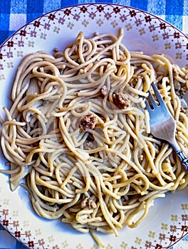 Greek Cuisine. Spaghetti with Minced Beef,. Table top view