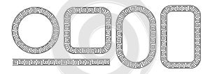 Greek doodle frames set. Hand drawn roman circle, oval and rectangle frame. Greek or Roman ancient motif border design