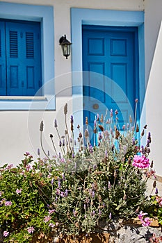 Greek door with lavender in front