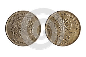 Greek 100 drachmas coin dated 1992