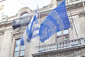 Greek Embassy in Turkey. The flag of the European Union and Greece on the consulate building. The consulate house with