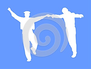 A Greek Evzone dancer vector silhouette isolated on blue background. Dancing man folklore vector illustration. Traditional dance.