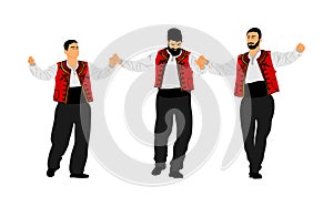 A Greek Evzone dancing group vector isolated on white background. Traditional folk dance. Dancing man vector illustration.