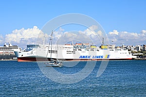 Greek ferry boat of Anek Lines on blue sea