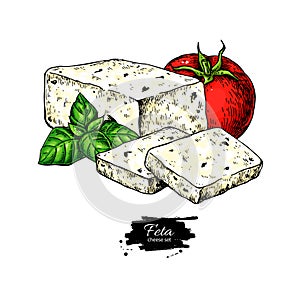 Greek feta cheese block drawing. Vector hand drawn food sketch with basil, tomato.