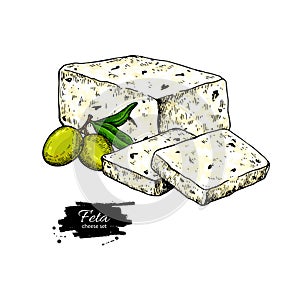 Greek feta cheese block drawing. Vector hand drawn food sketch with olive.