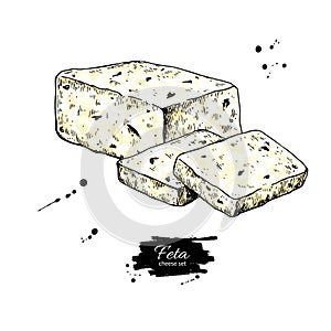 Greek feta cheese block, slice drawing. Vector hand drawn food sketch.