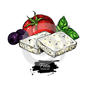 Greek feta cheese block slice drawing. Vector hand drawn food sketch with olive, basil, tomato.