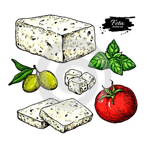 Greek feta cheese block, slice drawing. Vector hand drawn food sketch with olive, basil, tomato.
