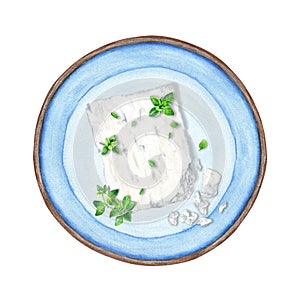 Greek feta cheese block and thyme herb composition in the blue plate. Watercolor illustration isolated on a white
