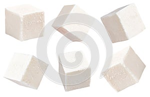 Greek feta cubes. Feta cheese isolated on white background. With clipping path. Collection