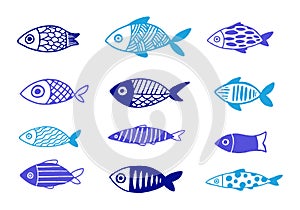 Greek fish, collection of hand drawn illustrations. Blue traditional fish symbols and icons