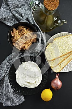 Greek fish roe dip, raw taramas and other ingredients of taramosalata