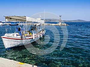 Greek fishing boats against clear blue sky, Alonissos, Greek Islands, Greece