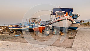 Greek Fishing boats harbor scene