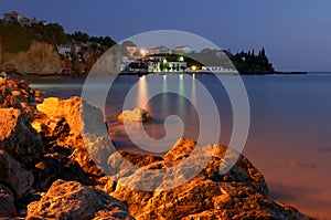 Greek fishing village at dusk