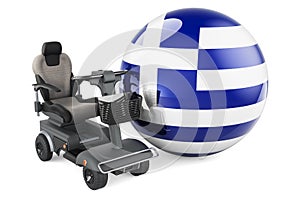 Greek flag with indoor powerchair or electric wheelchair, 3D rendering