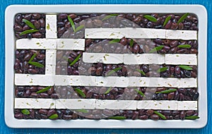 Greek flag made from feta and kalamon olives