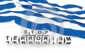 Greek flag and text stop terrorism.