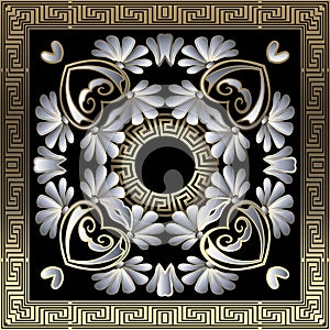 Greek floral 3d vector mandala seamless pattern. Ornamental abstract background with gold square greek key meanders