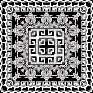 Greek floral intricate meanders seamless pattern. Vector abstract black and white background. Line art tracery hand