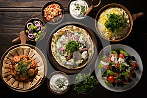 Greek food background. Meze, gyros, souvlaki, fish, pita, greek salad, tzatziki, assortment of feta, olives and vegetables