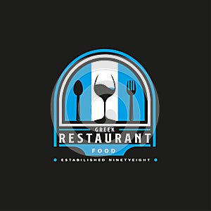 Greek Food Restaurant Logo. Greece flag symbol with Spoon, Fork, Chef Hat, Toque, and Knife icons. Premium and Luxury Logo Design