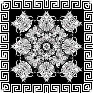 Greek frame. Floral intricate seamless pattern. Vector abstract black and white background. Line art tracery hand drawn